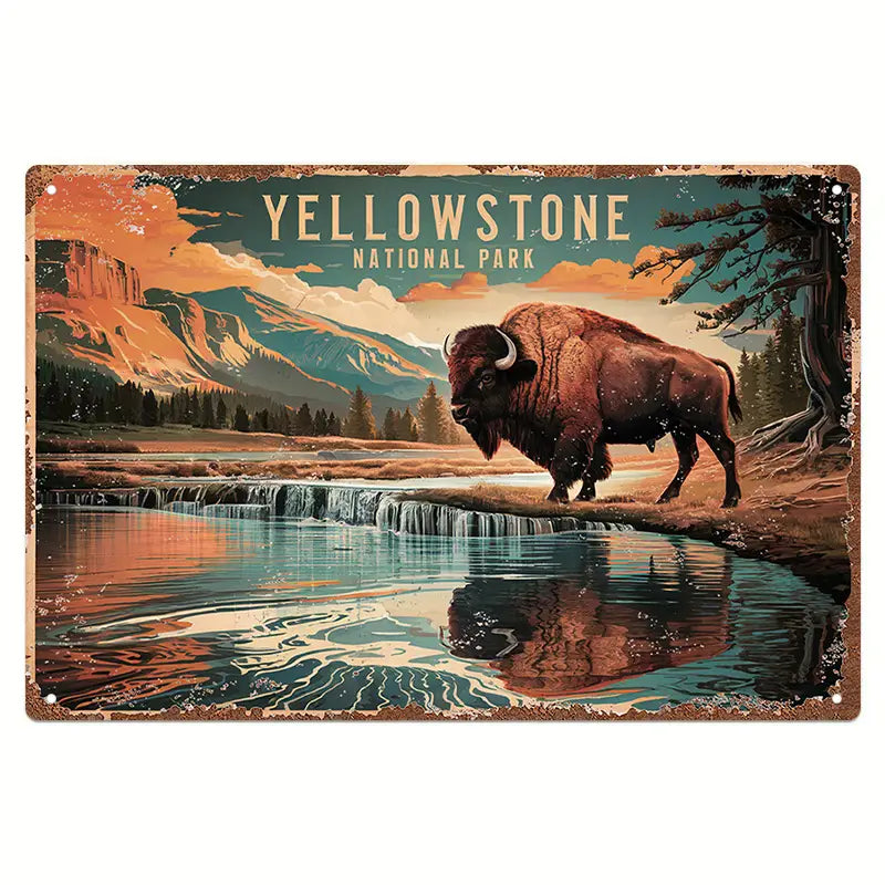 Metal Sign - Yellowstone National Park Bison Reflection 1