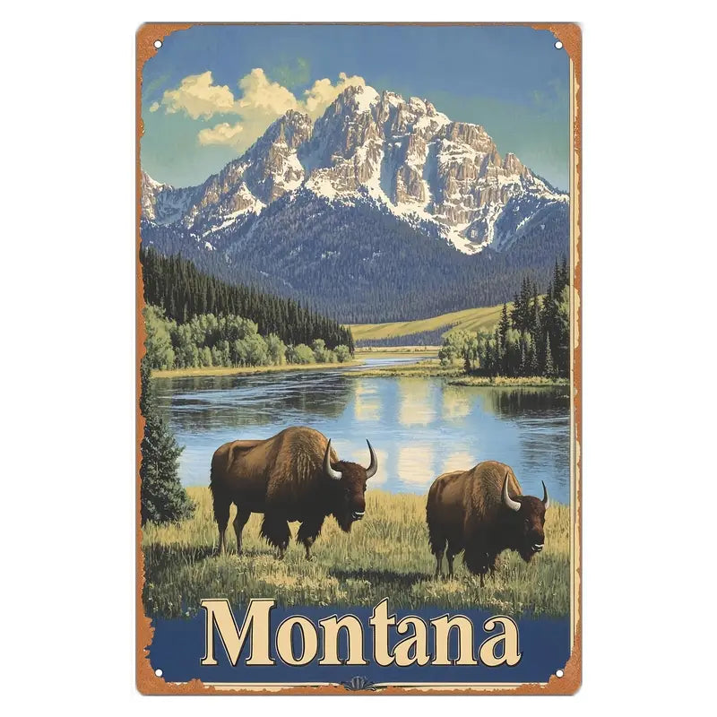 Metal Sign - YNP Landscape Montana Bison & 2 Bison