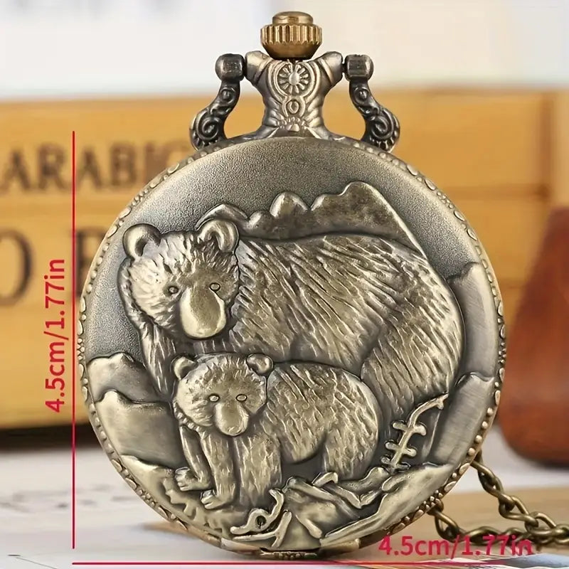 Bear & Cub Quartz Pocket Watch with Chain