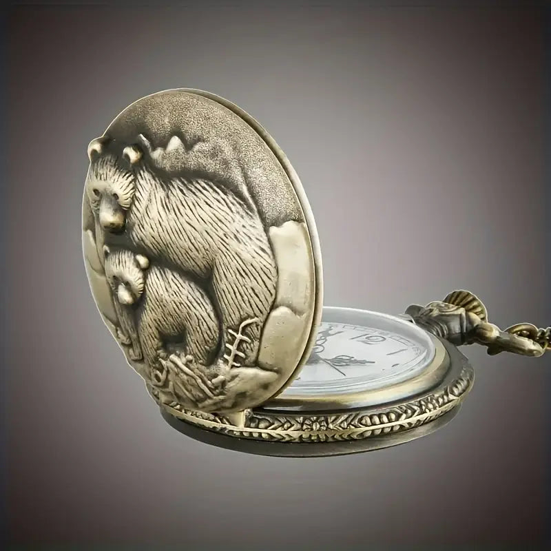 Bear & Cub Quartz Pocket Watch with Chain