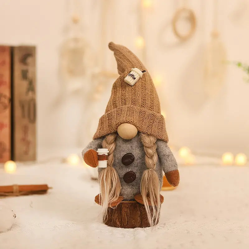 Charming Scandinavian Coffee Gnome Plush - Red Braids