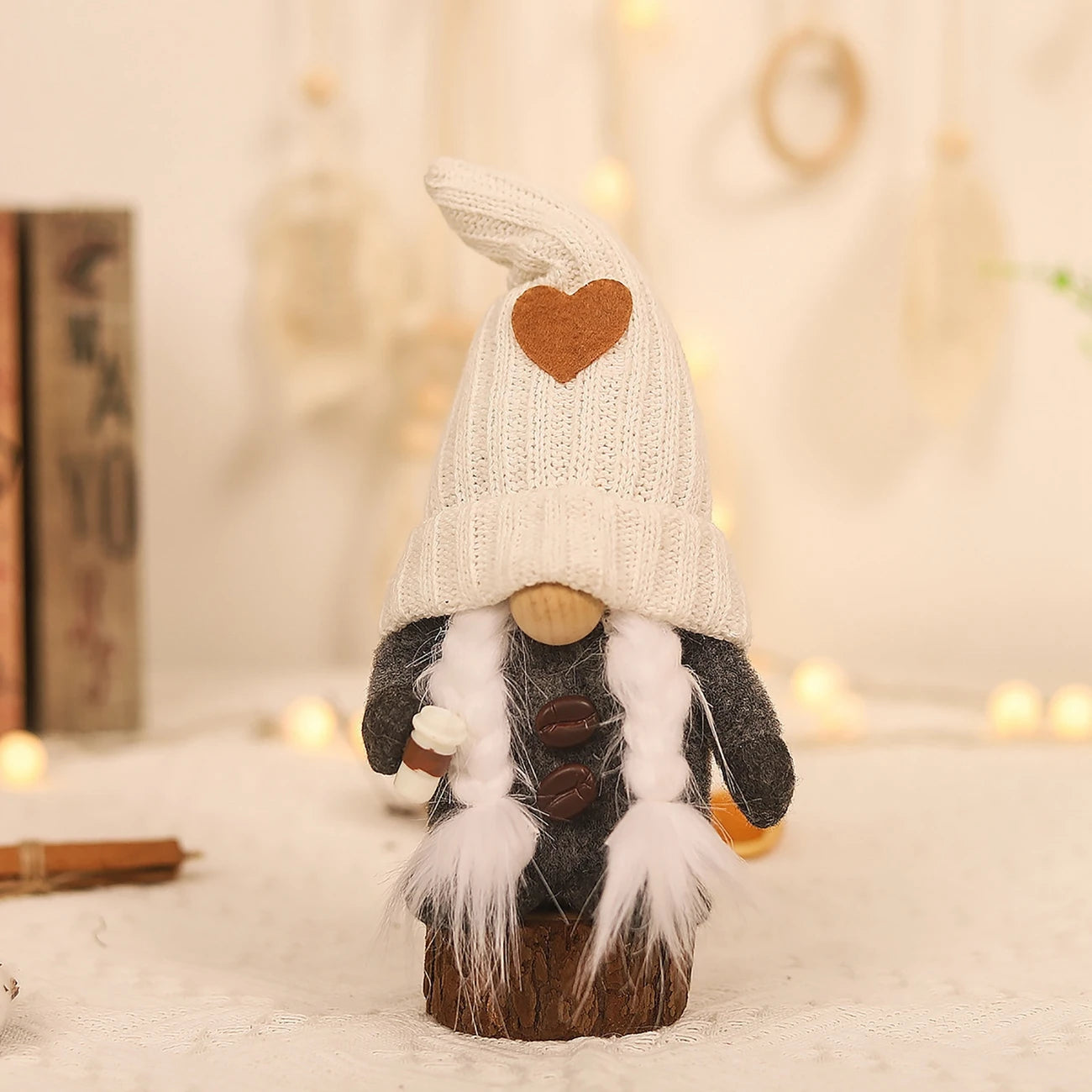 Charming Scandinavian Coffee Gnome Plush - White Braids