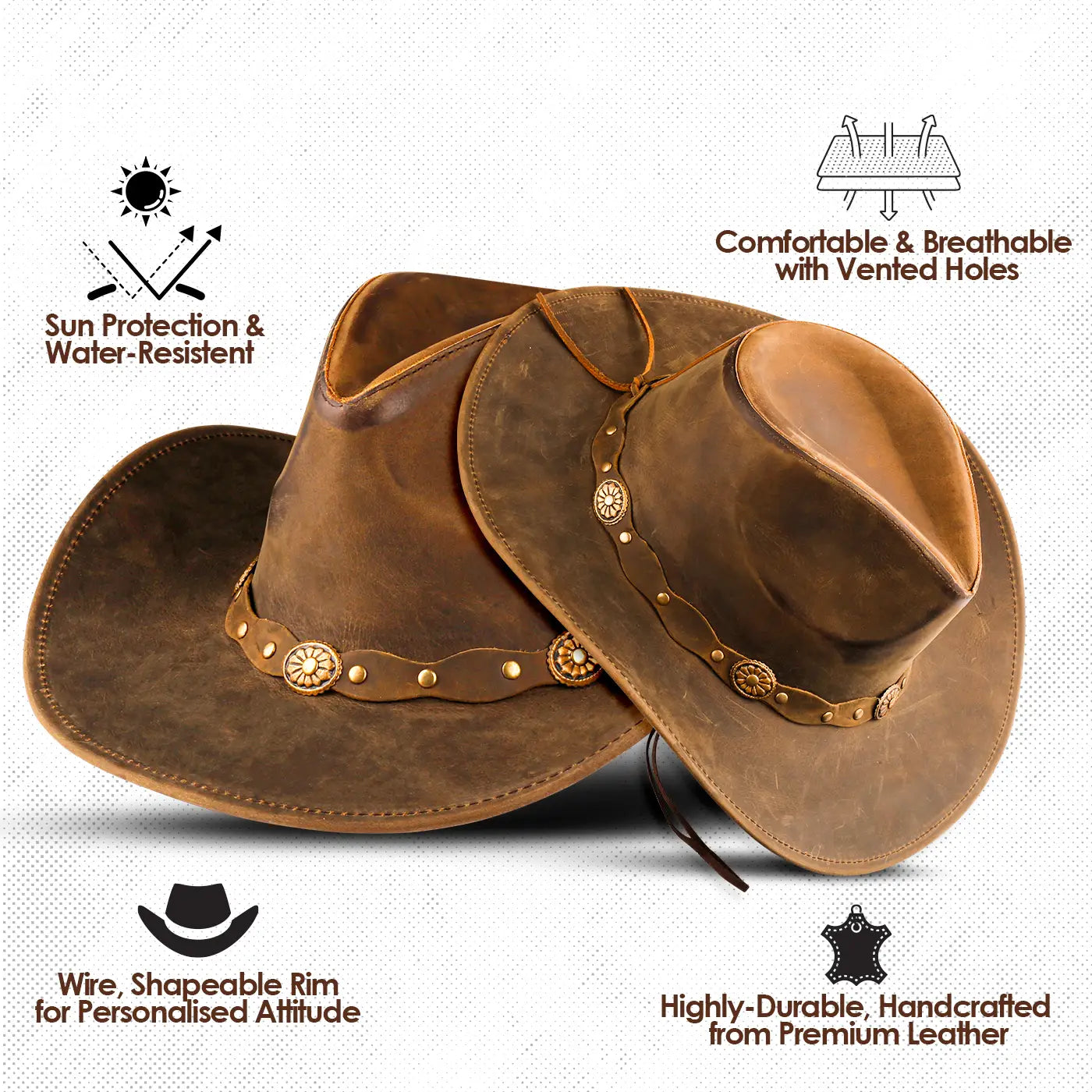 Shapeable Brown Wide Brim Western Leather Cowboy Hat
