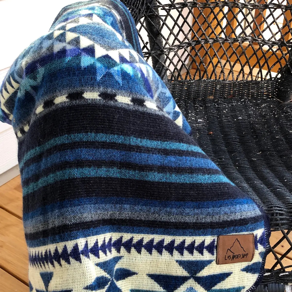 Alpaca Wool Blanket - Turquoise and Cream Western Blue Throw