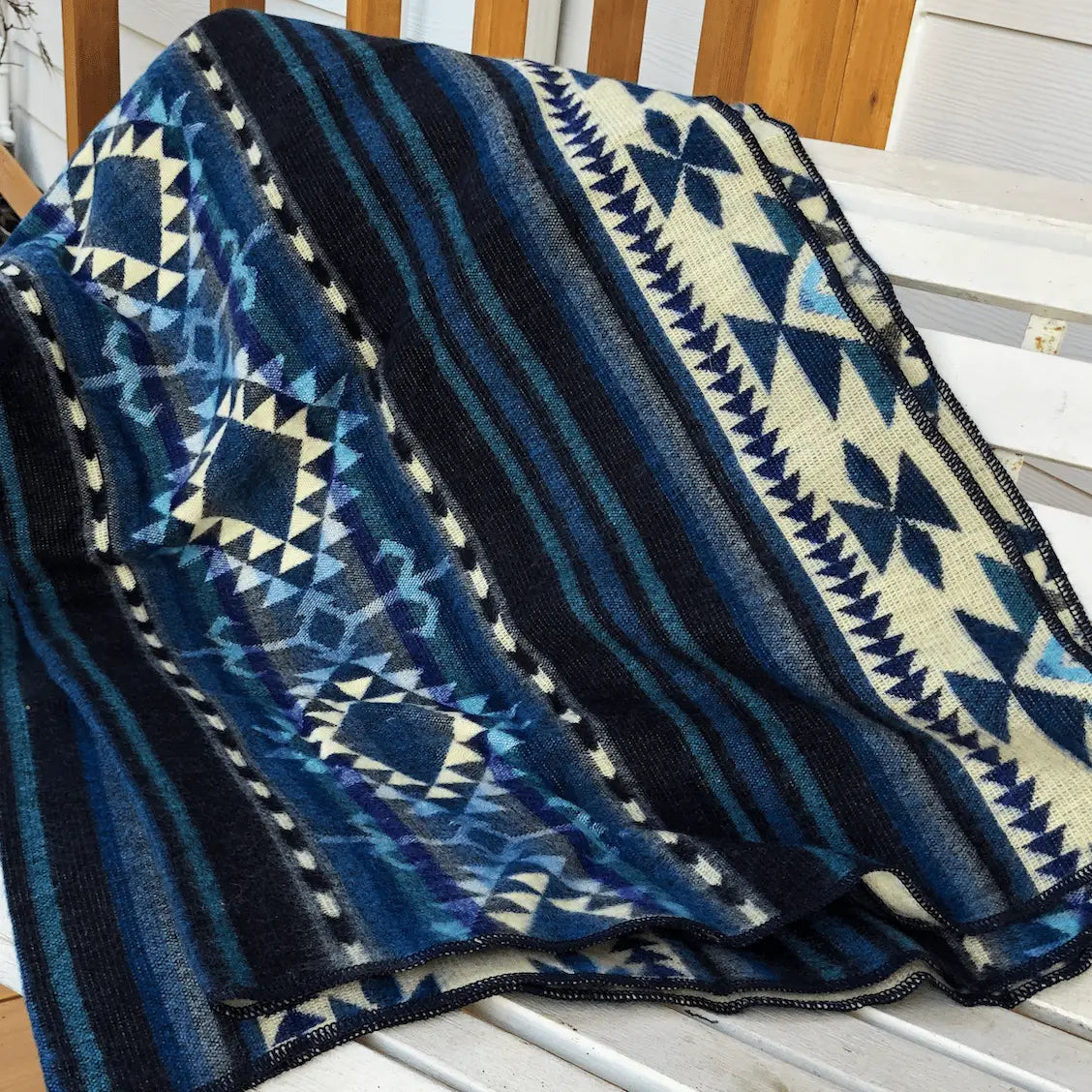 Alpaca Wool Blanket - Turquoise and Cream Western Blue Throw